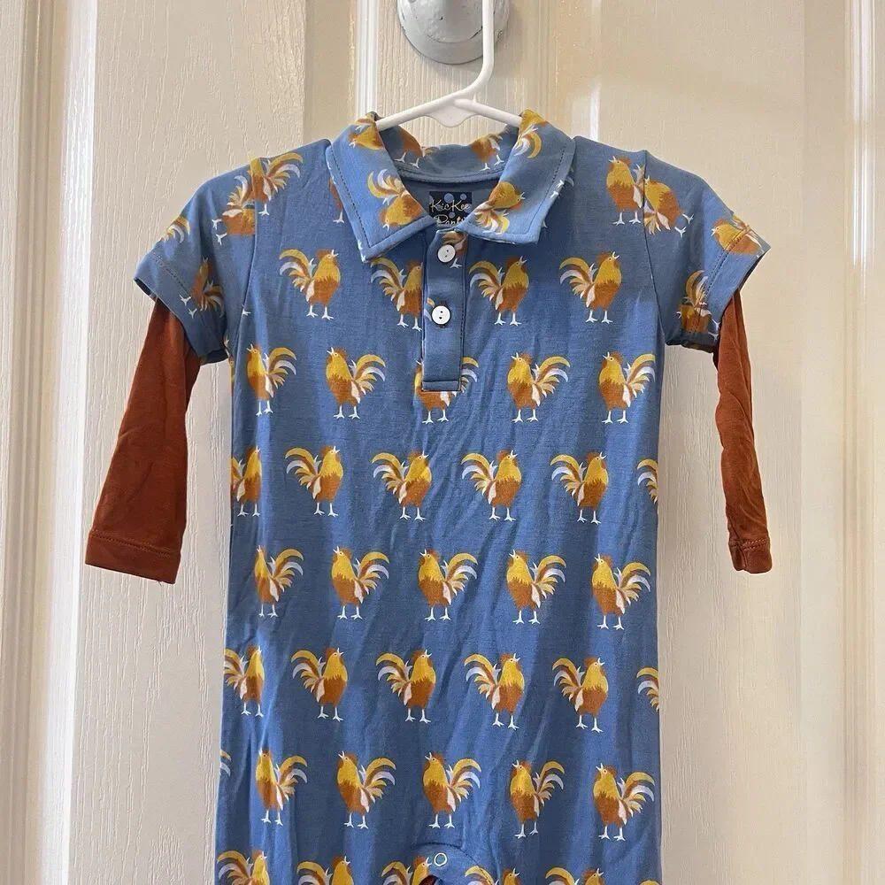 Kickee Pants Blue Parisian Rooster Polo Romper Bamboo Boys Size 18-24 Months
